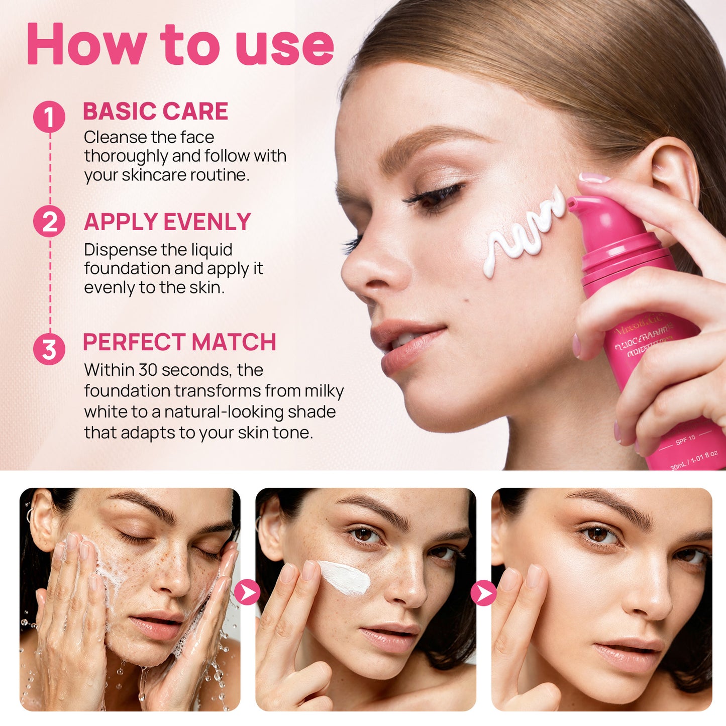 Color Changing Foundation SPF 15 Skin-Matching Lightweight Long-Wearing 30mL