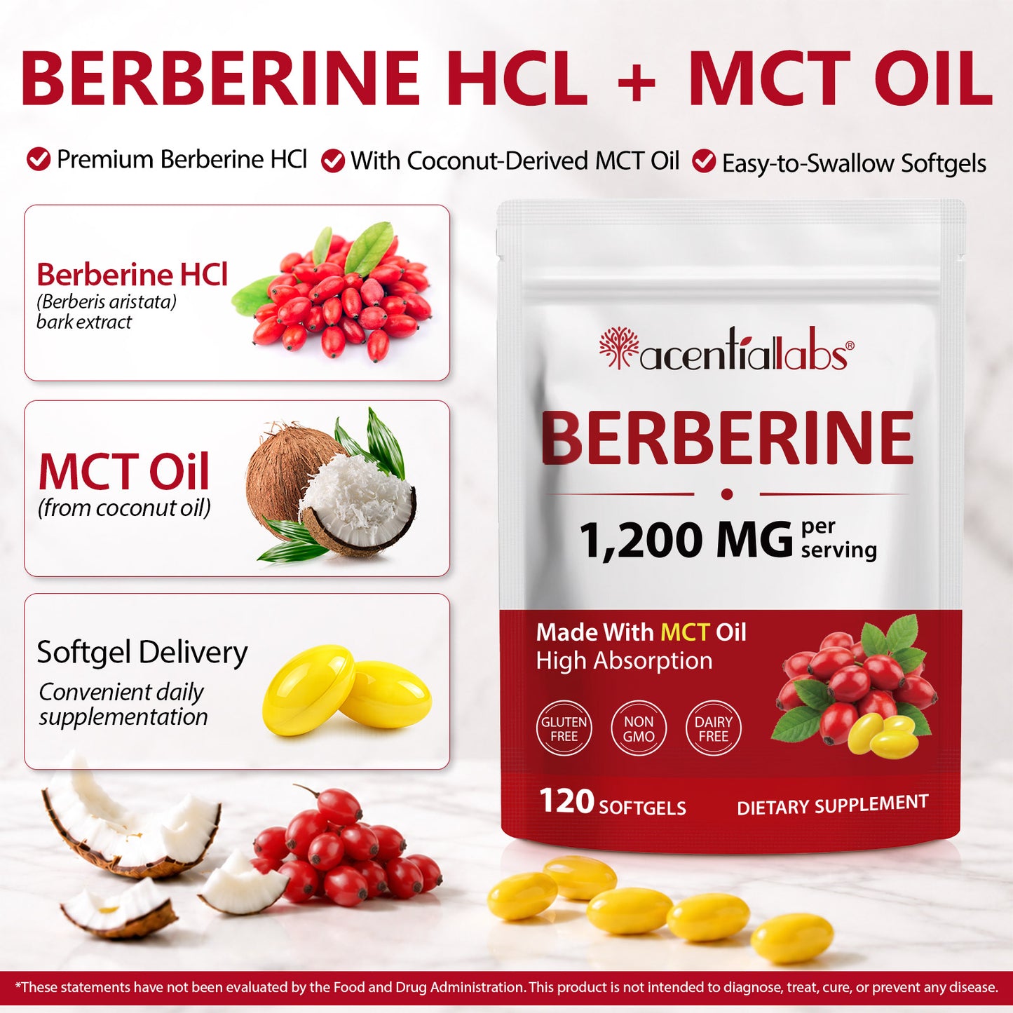 1200mg Berberine Gummies with MCT Coconut oil , Berberine HCL Supplement for Women &amp; Men, Sugar Free, Vegan, Non-GMO, Gluten-Free, 120 Softgels