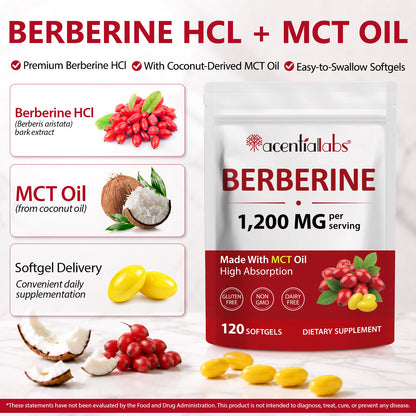 1200mg Berberine Gummies with MCT Coconut oil , Berberine HCL Supplement for Women &amp; Men, Sugar Free, Vegan, Non-GMO, Gluten-Free, 120 Softgels