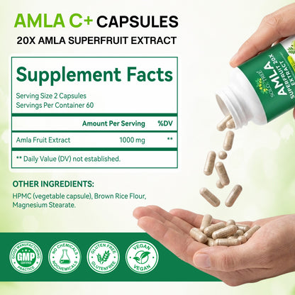 AMLA Superfruit 20X Extract 1000 MG Per Serving 120 Capsules for Stress Cortisol Balance Calm Energy Healthy Gut Digestion Radiant Skin Strong Hair