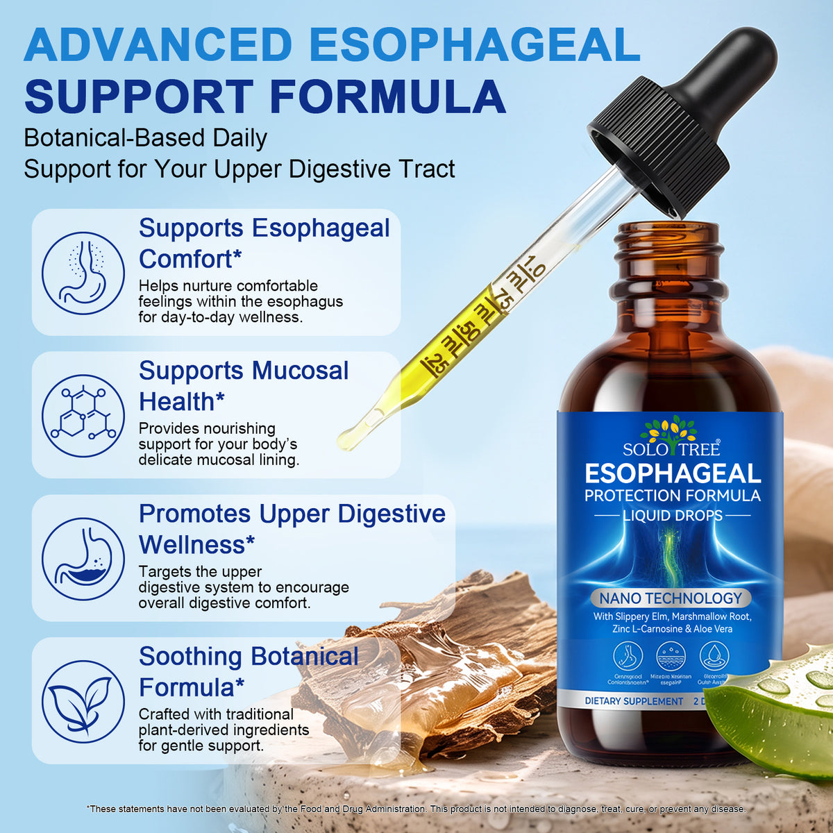 Esophageal Protection Formula Liquid Drops with Slippery Elm Marshmallow Root Zinc L Carnosine Aloe Vera 2 fl oz 60 mL