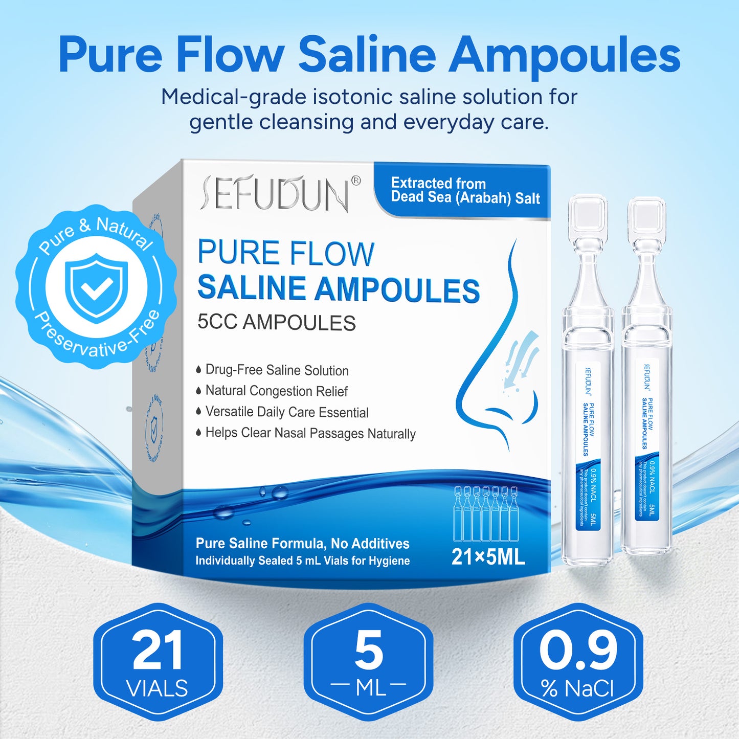 Pure Flow Saline Ampoules 5CC Drug-Free Natural Congestion Relief 21x5ML Dead Sea Salt Extracted Formula