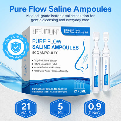 Pure Flow Saline Ampoules 5CC Drug-Free Natural Congestion Relief 21x5ML Dead Sea Salt Extracted Formula