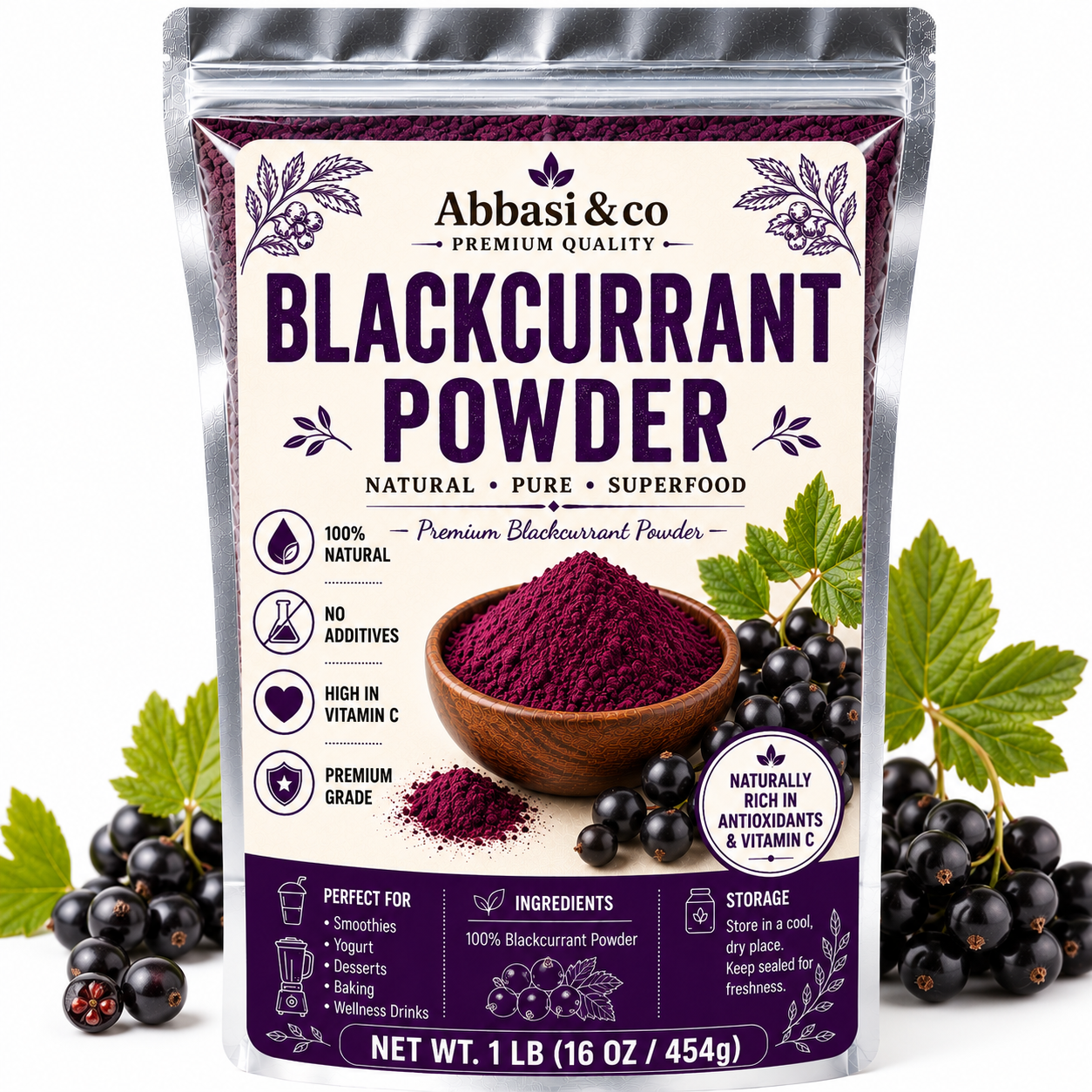 1LB Blackcurrant Powder Natural Pure Superfood High in Vitamin C Premium Grade No Additives Natural Whole Fruit, Freeze-Dried & Powdered