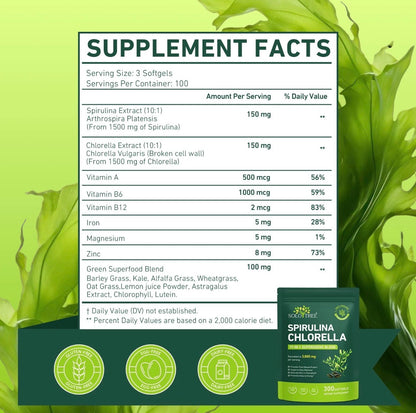 Spirulina Chlorella Softgels | Super Greens Blend with Barley Grass, Kale & Chlorophyll | Equivalent to 3,000 mg per Serving | Plant-Based Protein for Natural Energy & Daily Wellness | 300 Count