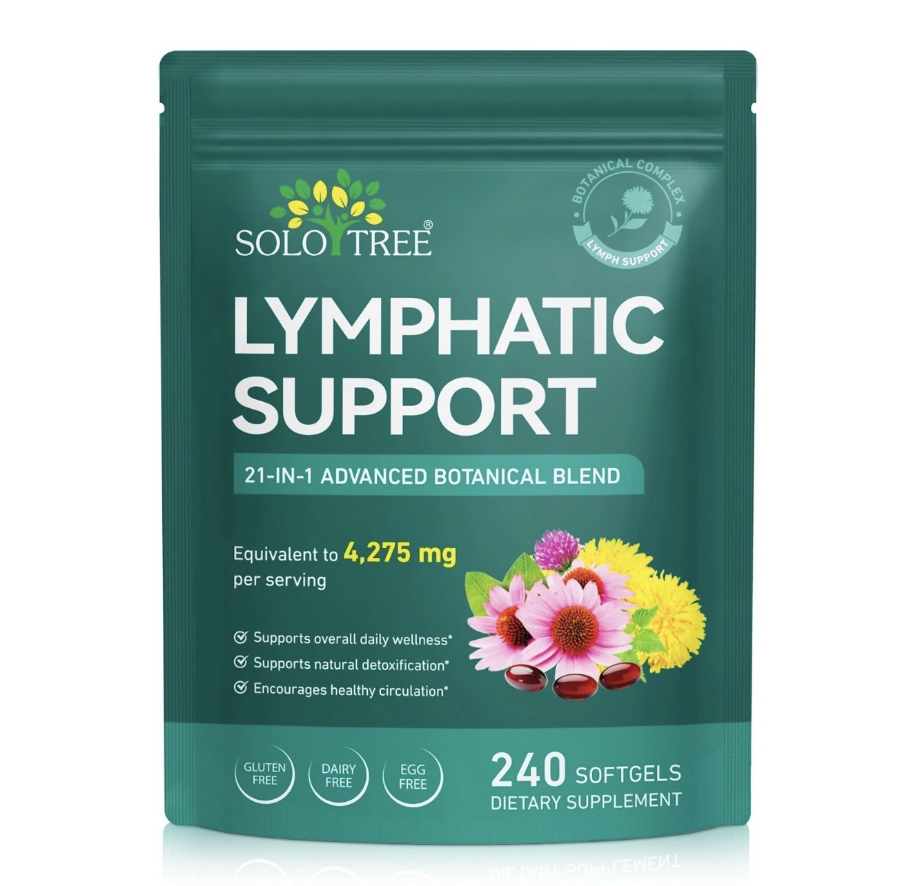Lymphatic Drainage Supplements, Herbal 4275mg Lymph System Support Supplement for Women & Men with Dandelion, Burdock, Echinacea, Turmeric, Bromelain, Fluid Balance & Immune Health, 240 Softgels