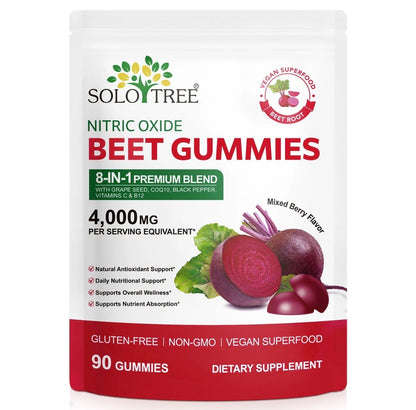 Beet Root Gummies 4000mg - 8-in-1 Heart & Circulation Support Supplement - High Potency Beet Chews with Beetroot, Grape Seed, CoQ10, Vitamin C & B12 - Mixed Berry Flavor, Vegan, 90 Count