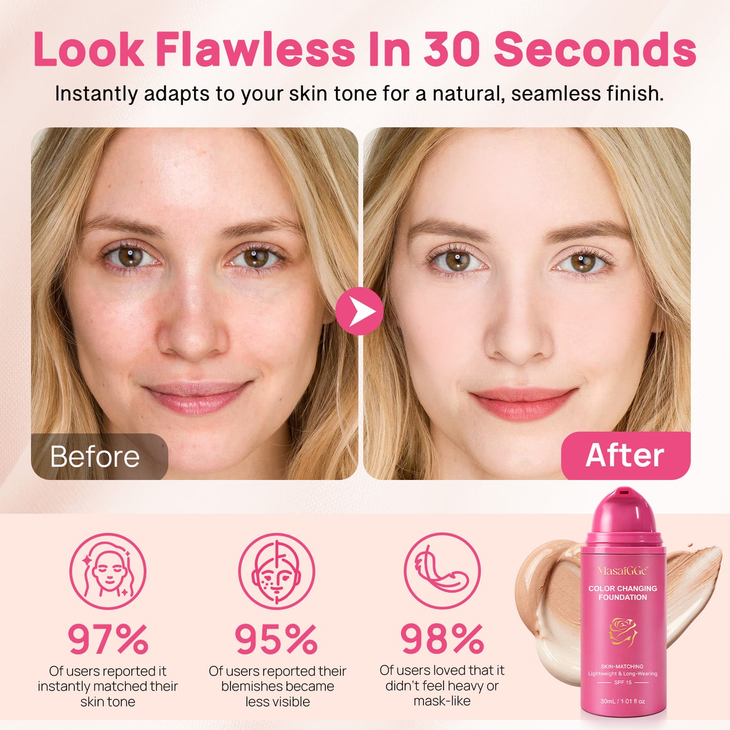 Color Changing Foundation SPF 15 Skin-Matching Lightweight Long-Wearing 30mL
