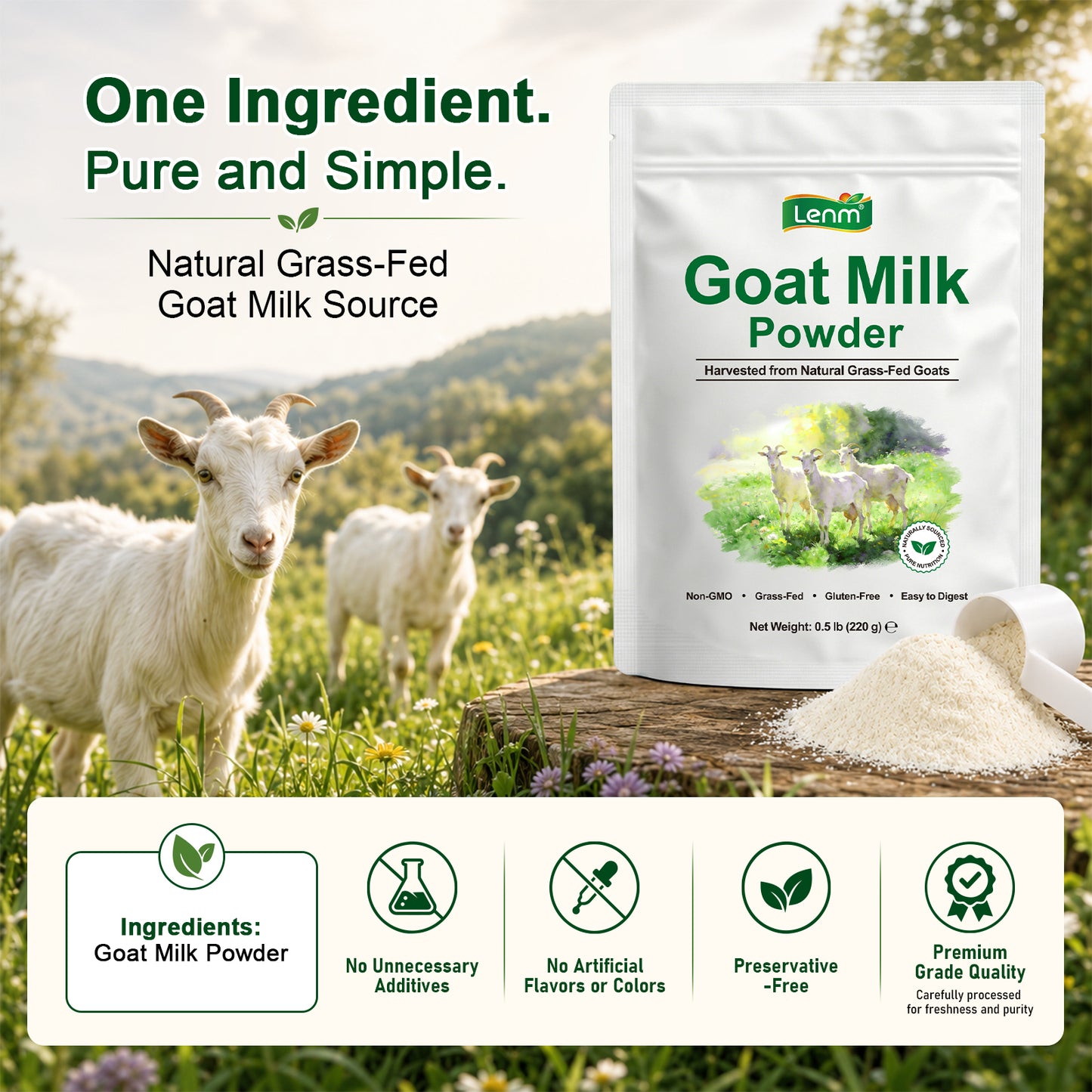 Goat Milk Powder, 100% Grass-Fed Whole Goat Milk, Naturally Contains A2 Protein, Easy to Digest Low Lactose Dairy Alternative