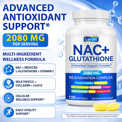 NAC+ Glutathione 2080 MG Antioxidant Support Complex 120 Softgels with N-Acetyl L-Cysteine, Milk Thistle Extract , Collegen, Alpha Lipoic Acid