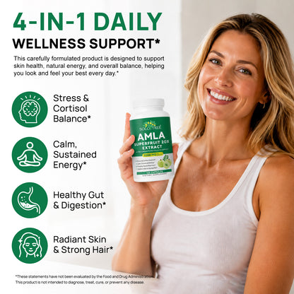 AMLA Superfruit 20X Extract 1000 MG Per Serving 120 Capsules for Stress Cortisol Balance Calm Energy Healthy Gut Digestion Radiant Skin Strong Hair