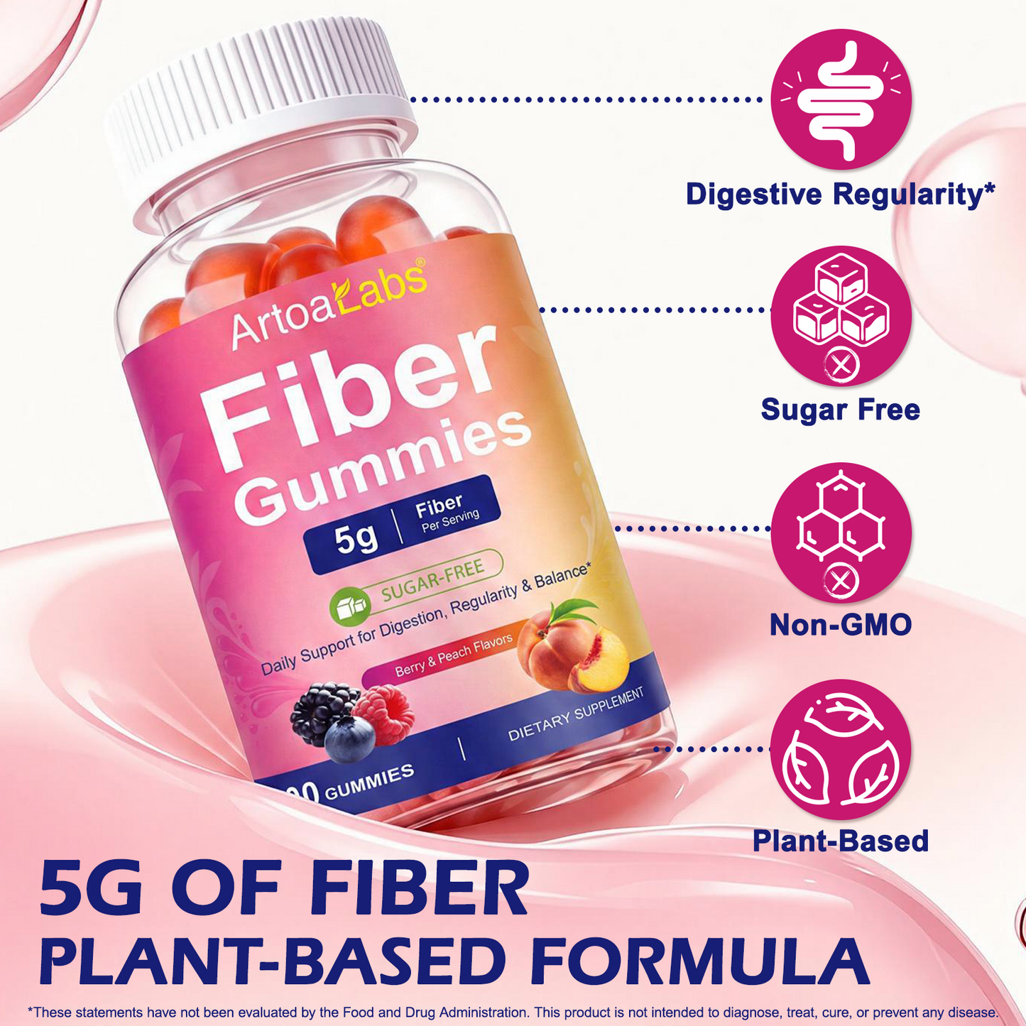 Fiber Gummies 5g Per Serving Sugar-Free Berry & Peach Flavors 90 Gummies for Digestion Regularity & Balance