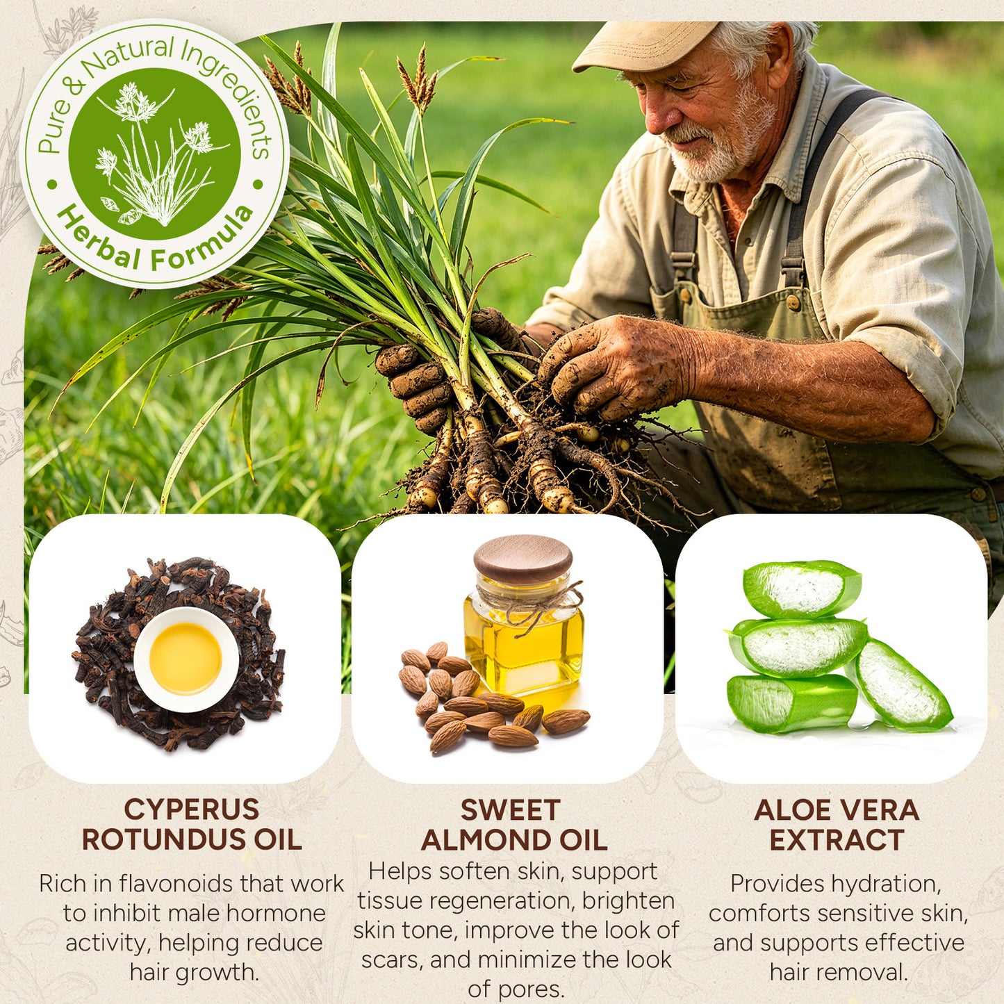 Roll on Cyperus Rotundus Oil Roll-On Essence 60ml 100% Natural Herbal Formula for Hair Reduction & Skin Tone Balance