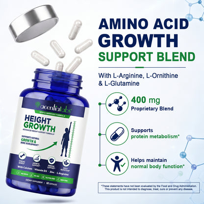 Height Growth Advanced Formula with Calcium Vitamin D3 Zinc L-Arginine for Natural Growth & Bone Development 60 Capsules