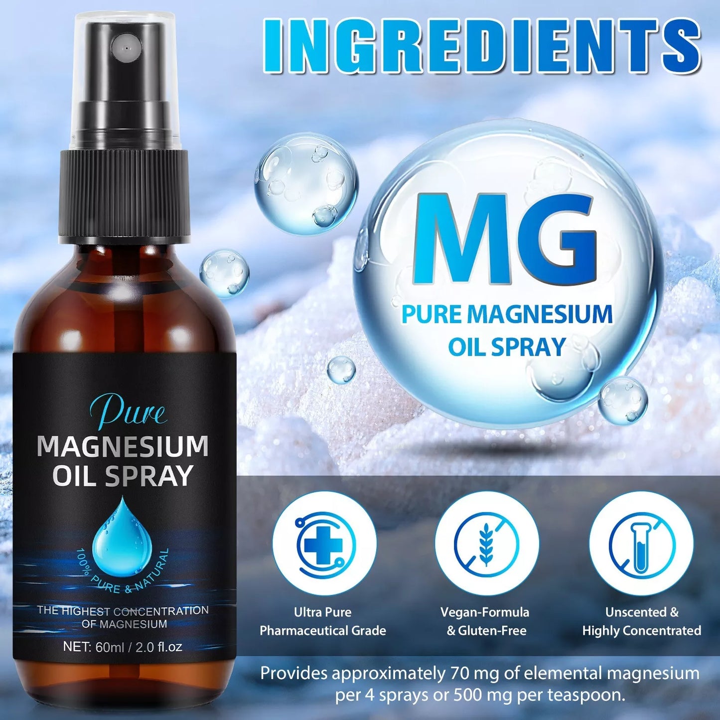 100% Pure Magnesium Oil Spray Large Extra Strength for Body Aches Relaxation