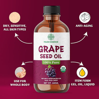 100ML LARGE ORGANIC GRAPE SEED OIL 100% PURE AND NATURAL -NON GMO - MADE IN USA