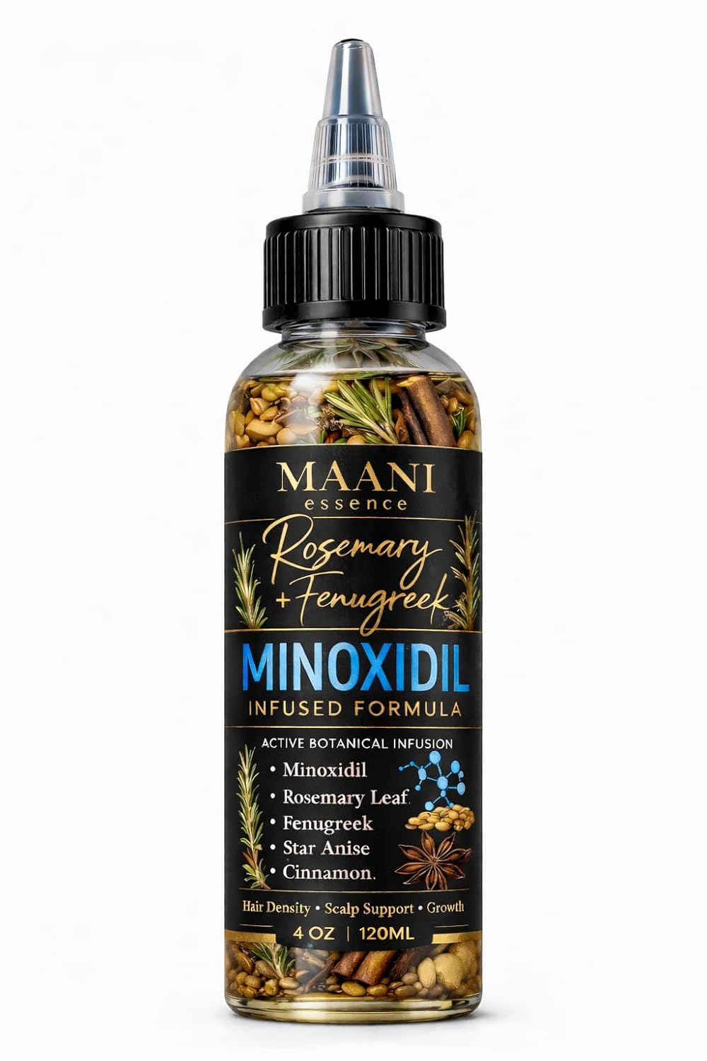 Minoxidil Hair Growth Oil – Rosemary & Fenugreek Botanical Scalp Treatment – Supports Hair Regrowth, Density & Thicker Hair Real Rosemary Leaves, Fenugreek Seeds, Cinnamon & Star Anise – 120ML