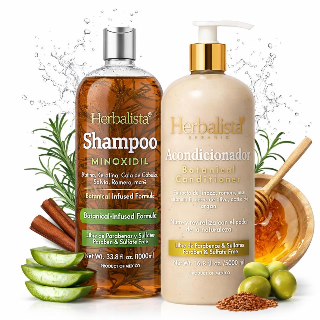 Herbalista Botanical Hair Care Bundle – Minoxidil 5% Strengthening Shampoo 33.8 fl oz + Botanical Conditioner 16.9 fl oz – Rosemary, Aloe, Biotin & Keratin Infused – Paraben & Sulfate Free Hair System