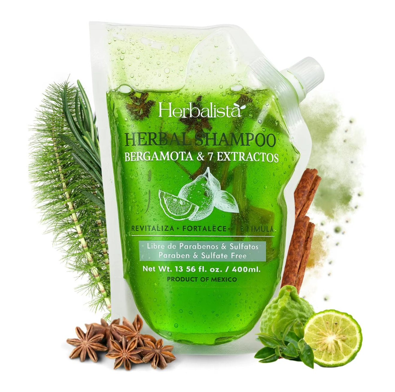 Herbalista Bergamot Herbal Shampoo 400ml  With 7 Extracts: Rosemary, Ginger, Anise, Green Tea, Horsetail & Cinnamon – Add Herbal Bag to Activate Natural Benefits