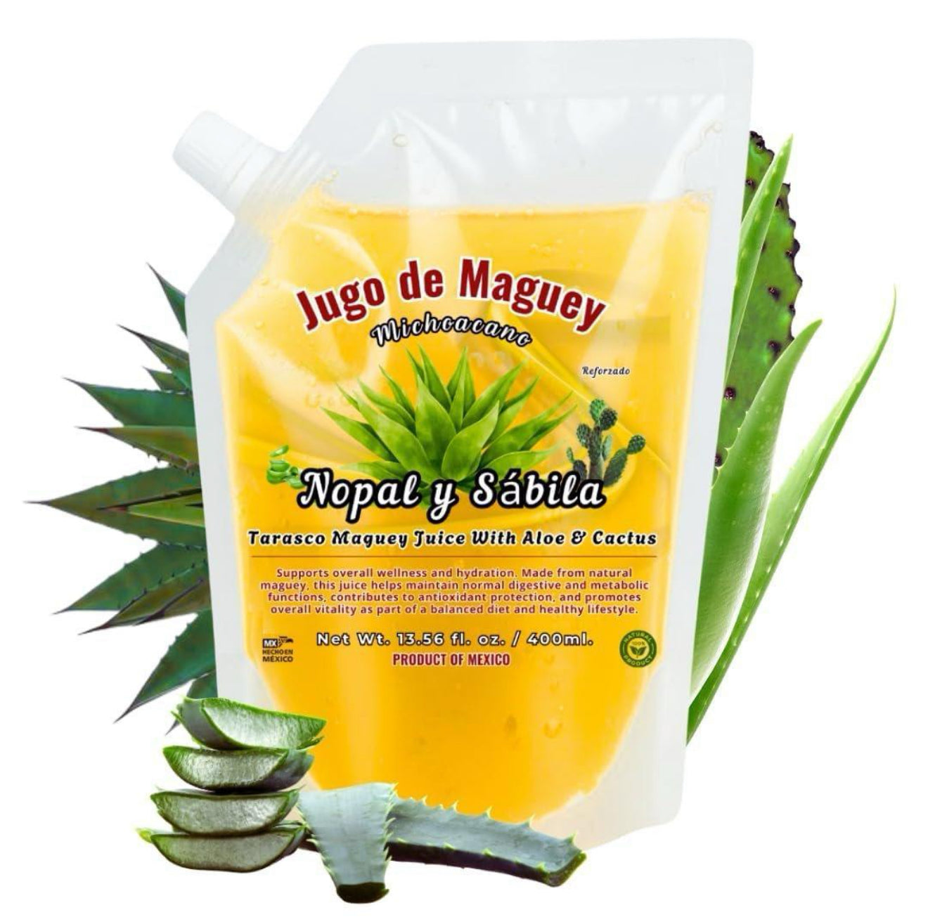 Maguey Juice Nopal Y Sabila - Jugo De Maguey Michoacano Extract 400ML | All Natural, 100% Juice | Jugo de Maguey de Michoacan, Sabor Natural El Original +Aloe Vera + Nopal - Natural Flavor - With Aloe and Nopal (Cactus)