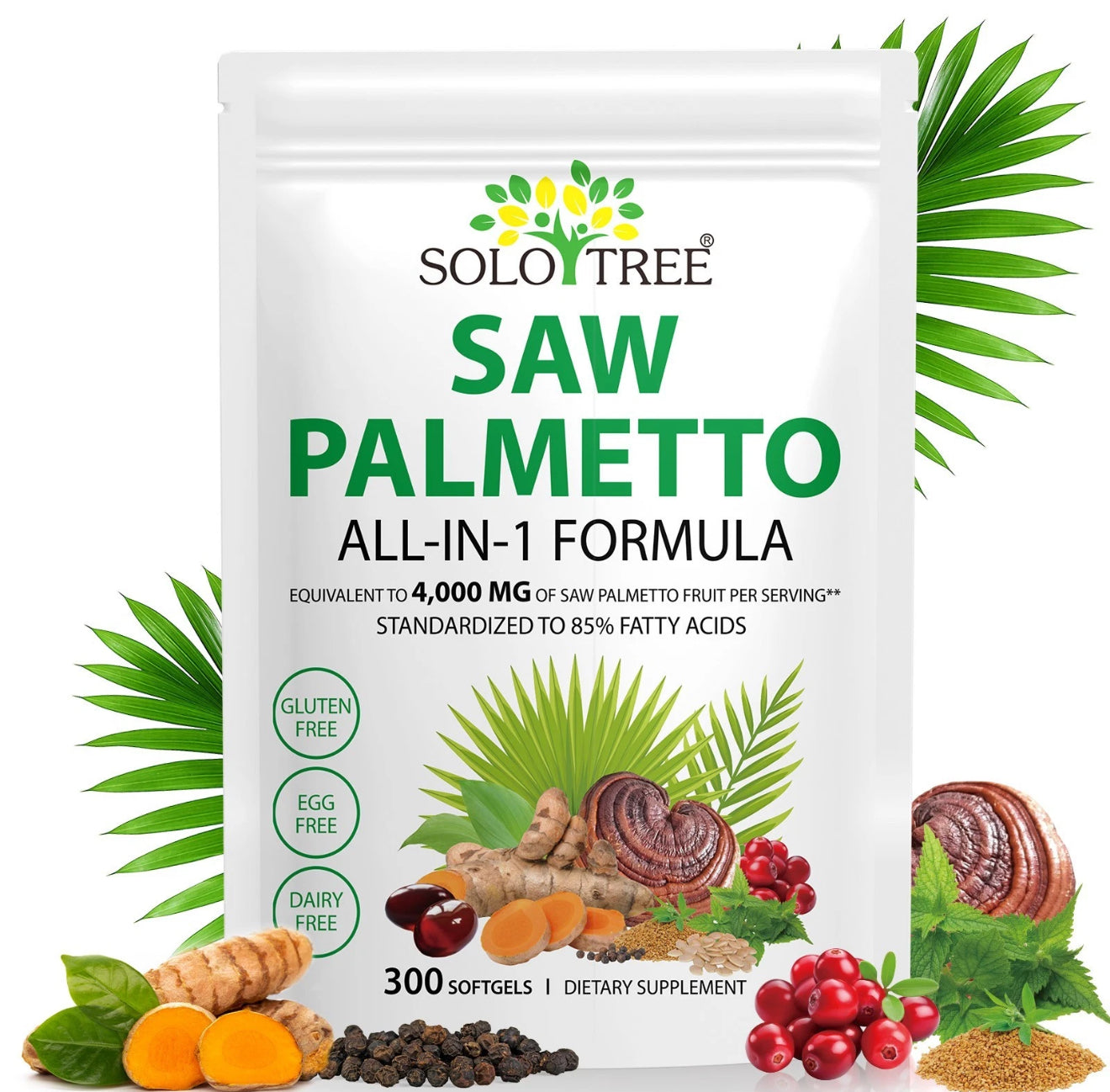 Saw Palmetto for Men | 300 Softgels | 4,000 MG Equivalent | 85% Fatty Acids Standardized | Gluten-Free, Dairy-Free, Egg-Free