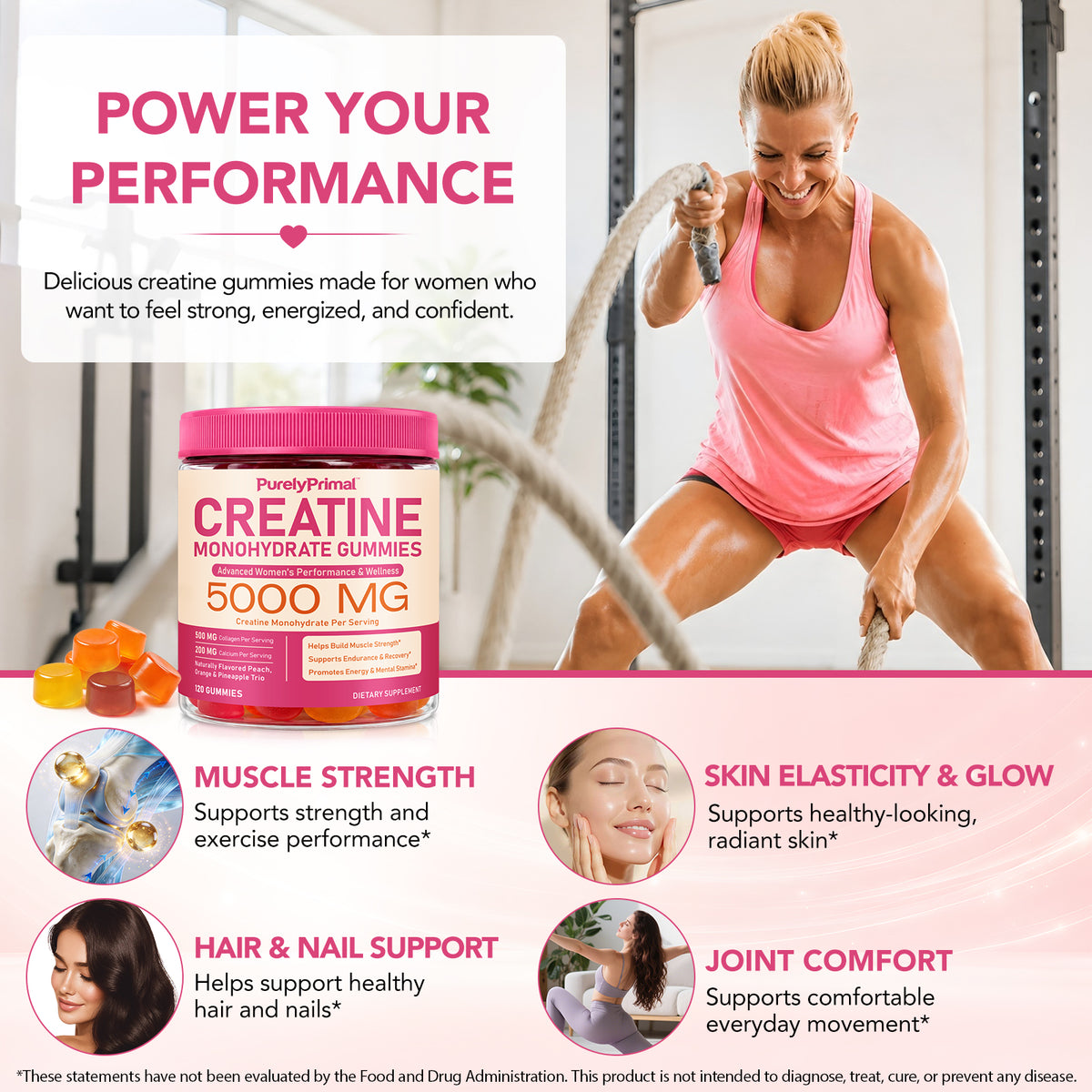 Creatine Monohydrate Gummies 5000 MG for Women's Performance & Wellness 120 Gummies Peach Orange Pineapple Flavor