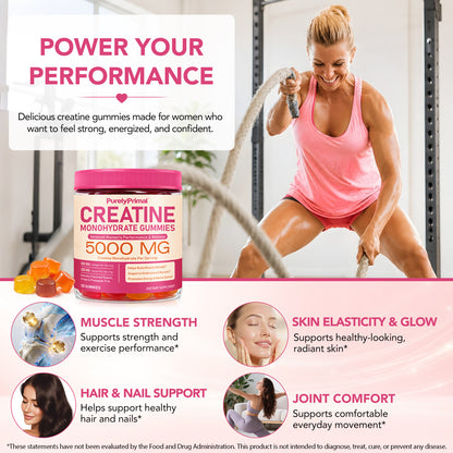 Creatine Monohydrate Gummies 5000 MG for Women's Performance & Wellness 120 Gummies Peach Orange Pineapple Flavor