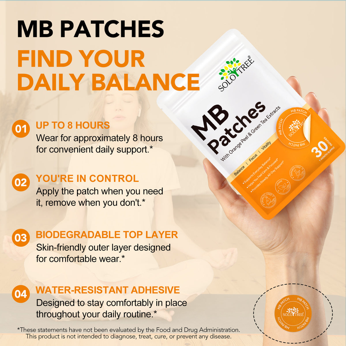 MB Patches with Orange Peel & Green Tea Extracts for Balance Focus Vitality 30 Patches 1 Month Supply