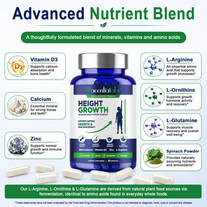 Height Growth Advanced Formula with Calcium Vitamin D3 Zinc L-Arginine for Natural Growth & Bone Development 60 Capsules
