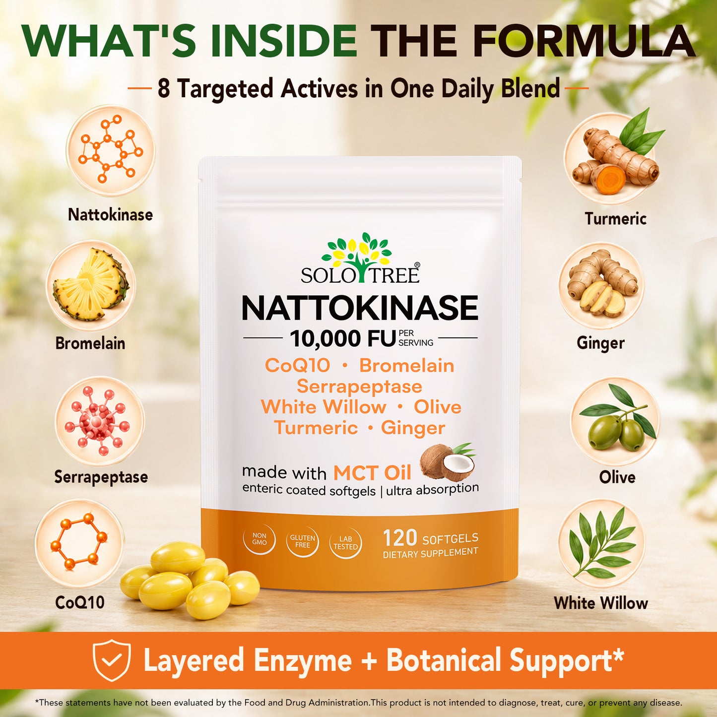 Nattokinase Supplement 10,000 FU, 7-in-1 Formula with CoQ10, Bromelain,Turmeric, Ginger, Olive Leaf &amp; White Willow Bark, MCT Oil Softgels for Bioavailability, 120 Softgels, Non-GMO