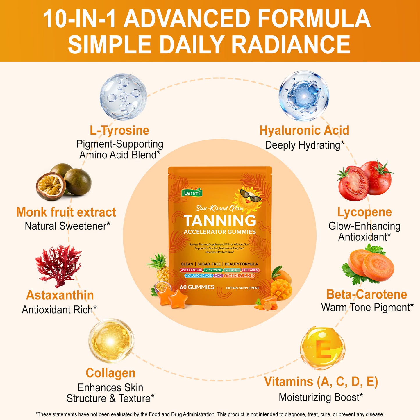 Tanning Gummies Accelerator - Sunless Tanning Supplement for a Natural Golden Glow, Sugar Free Melanin Booster with Astaxanthin, L-Tyrosine, Collagen & Vitamins for Women and Men