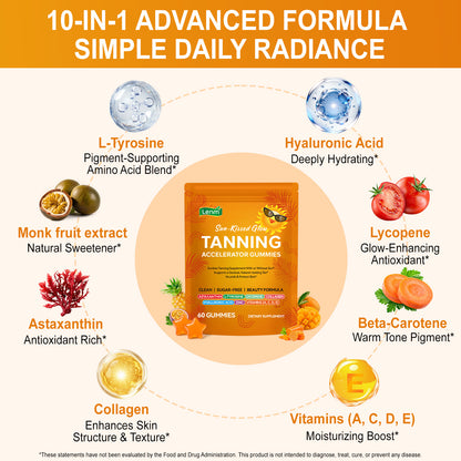 Tanning Gummies Accelerator - Sunless Tanning Supplement for a Natural Golden Glow, Sugar Free Melanin Booster with Astaxanthin, L-Tyrosine, Collagen & Vitamins for Women and Men