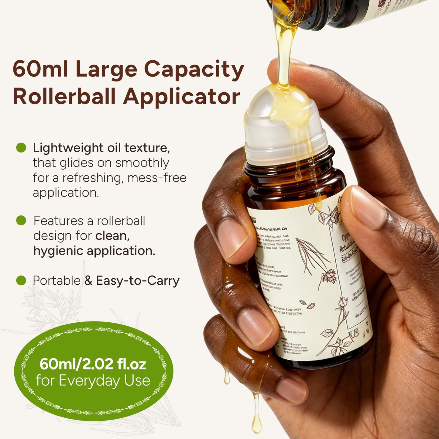 Roll on Cyperus Rotundus Oil Roll-On Essence 60ml 100% Natural Herbal Formula for Hair Reduction & Skin Tone Balance