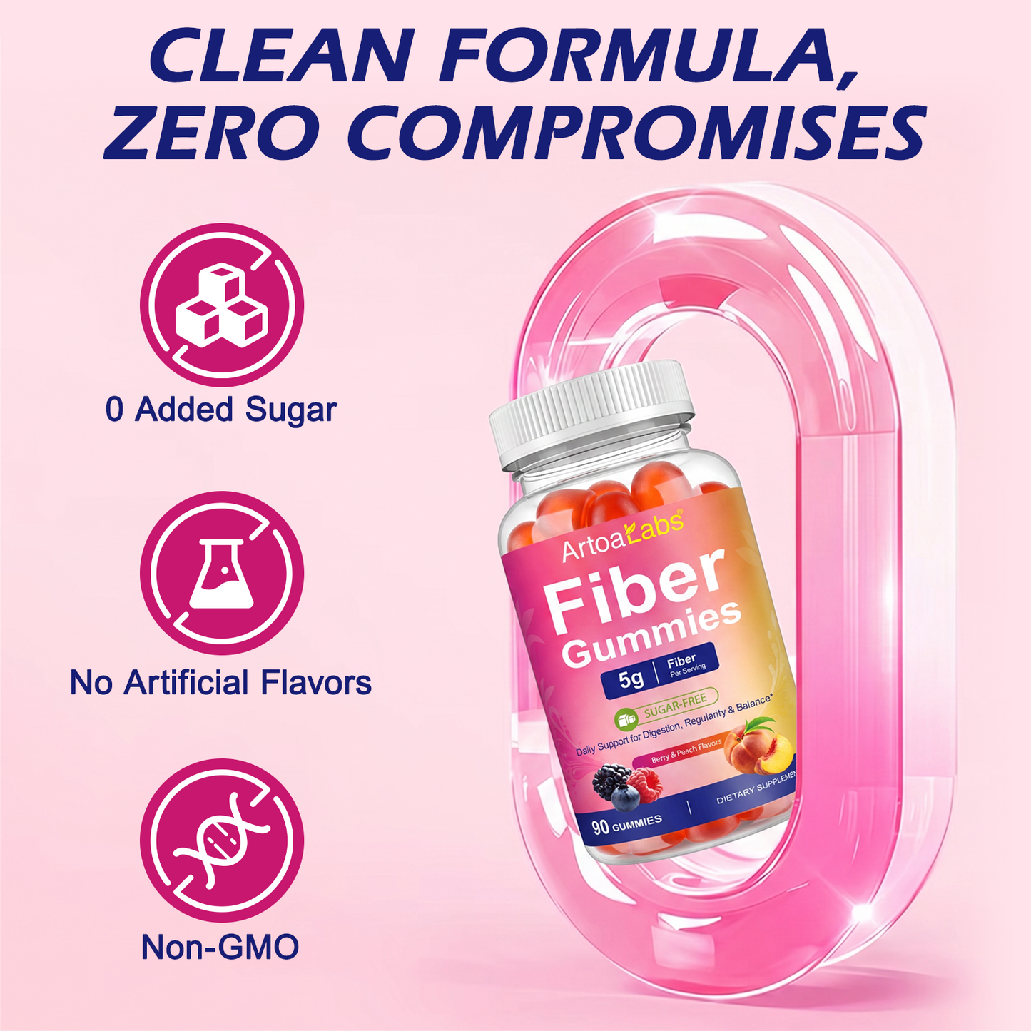 Fiber Gummies 5g Per Serving Sugar-Free Berry & Peach Flavors 90 Gummies for Digestion Regularity & Balance