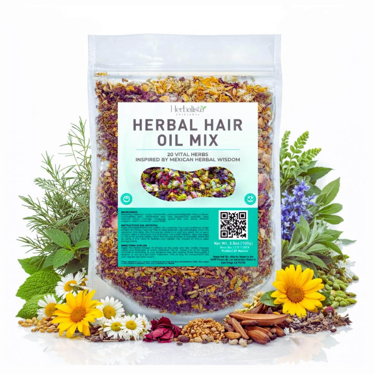 Herbal Hair Oil Mix 3.5oz (100g) | 20 Mexican-Inspired Ayurvedic Herbs | Longer-Looking Hair, Stronger-Feeling Roots, Fuller Volume & Natural Shine | DIY Oil Infusion | Hair Care