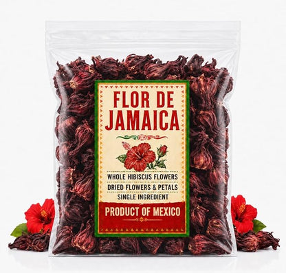 1LB Flor de Jamaica – Mexican Hibiscus Petals | 100% Natural, Non-GMO, No Additives or Fillers | Premium Dried Jamaica Flowers for Tea, Agua Fresca, Cocktails & Recipes | IMPORTED FROM MEXICO