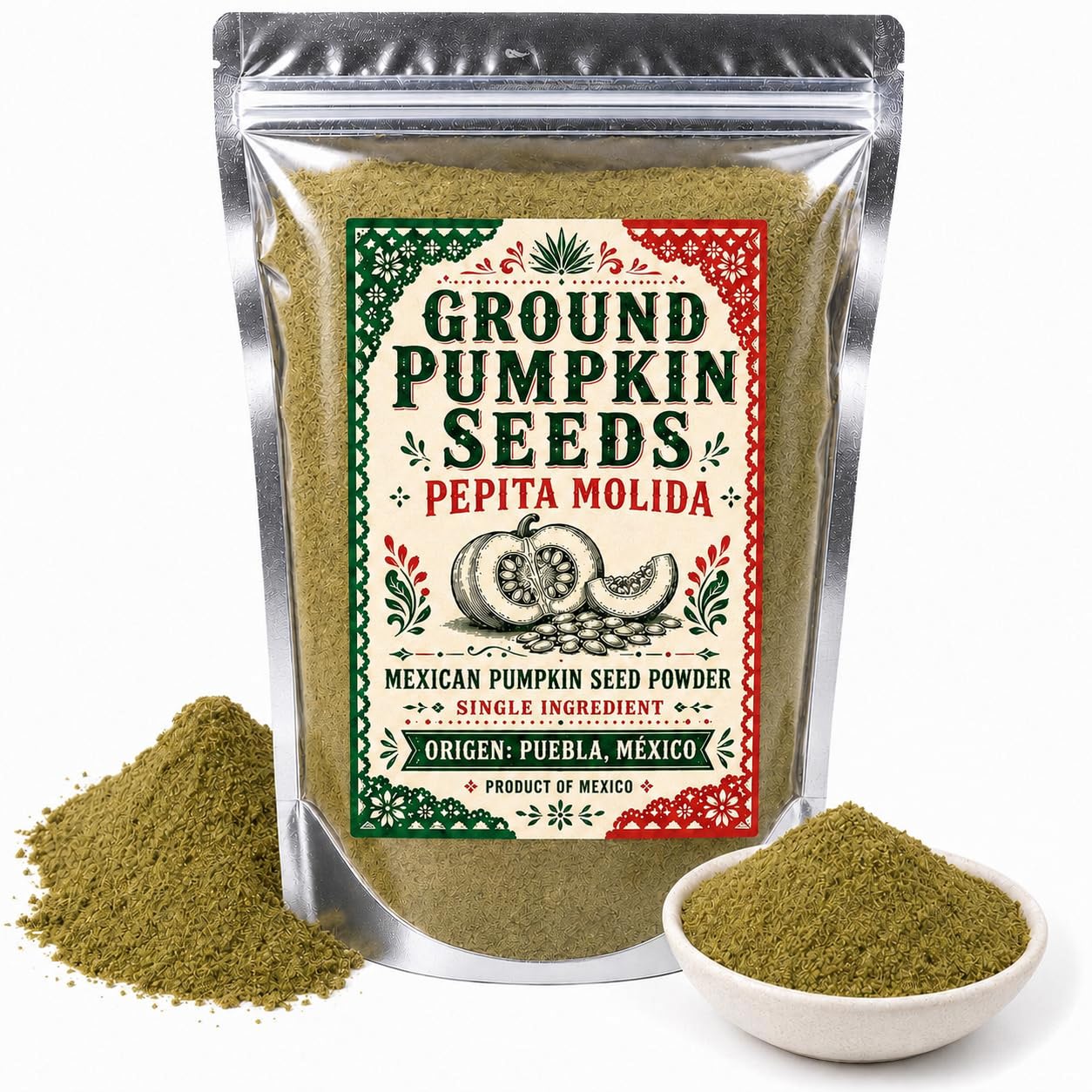 Ground Pumpkin Seeds Pepita Molida, Mexican Pumpkin Seed Powder - Non Gmo 100% Natural High-protein, High-fiber Superfood for sauces, pipián, smoothies, baking