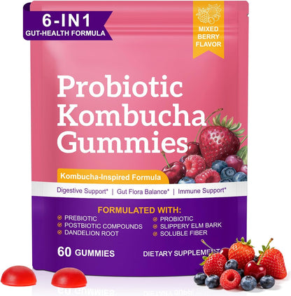 Probiotic Kombucha Gummies, Probiotic Gummies with Prebiotics, Probiotics, Postbiotics, Fiber Supplement, Supports Immune & Gut Health for Women & Men
