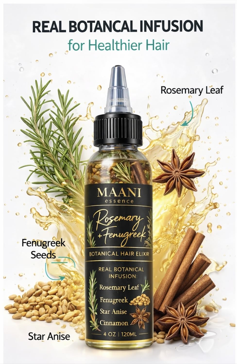 Rosemary & Fenugreek Hair Oil Rapid Hair Growth – Botanical Scalp Treatment with Real Rosemary Leaves, Fenugreek Seeds, Cinnamon & Star Anise – Herbal Hair Growth Infused with Castor Oil 120ML