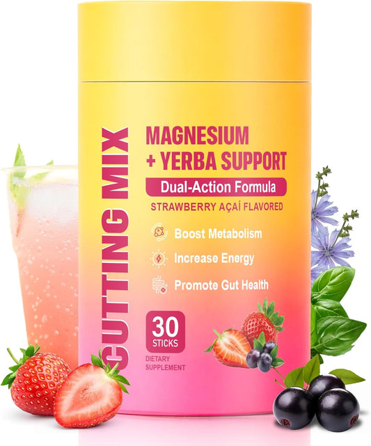 Cutting Drink Mix – Supports Energy & Gut Health with Magnesium, Berberine, Chromium, 5-HTP, Yerba Mate & FOS | Sugar-Free, Vegan, Non-GMO, Strawberry Açaí - 30 Servings