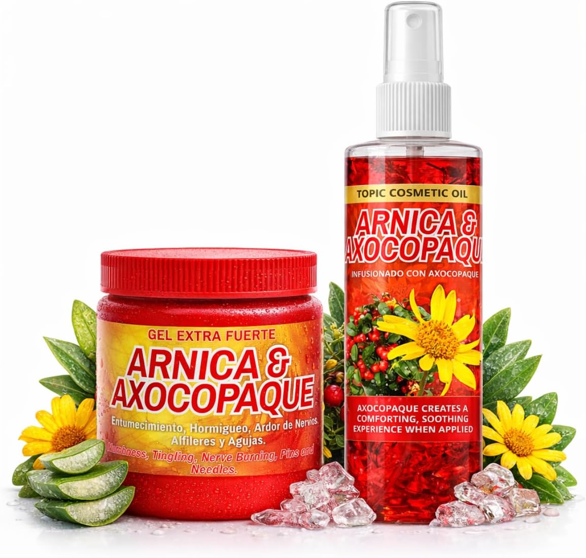 Arnica + Axocopaque Bundle - Flores de Arnica Gel 4.23 oz, + Arnica- Axocopaque Oil 8 fl oz | Natural Fast-Absorbing Botanical Massage Gel & Oil for...