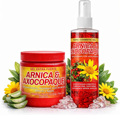 Arnica + Axocopaque Bundle - Flores de Arnica Gel 4.23 oz, + Arnica- Axocopaque Oil 8 fl oz | Natural Fast-Absorbing Botanical Massage Gel & Oil for...