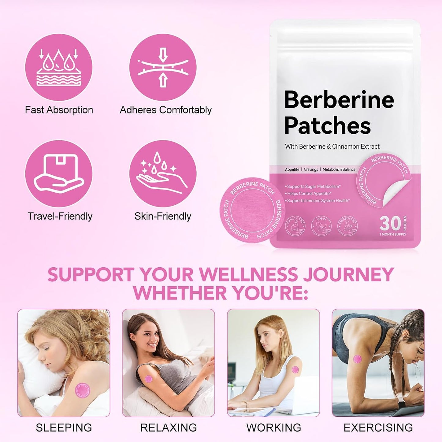 Berberine Patches – with Berberine, Pomegranate, Cinnamon & Vitamin B Complex, 8 Hours Long-Lasting Formula Support – Transdermal Wellness Patch for Men & Women – 30 Patches (1 Month Supply)