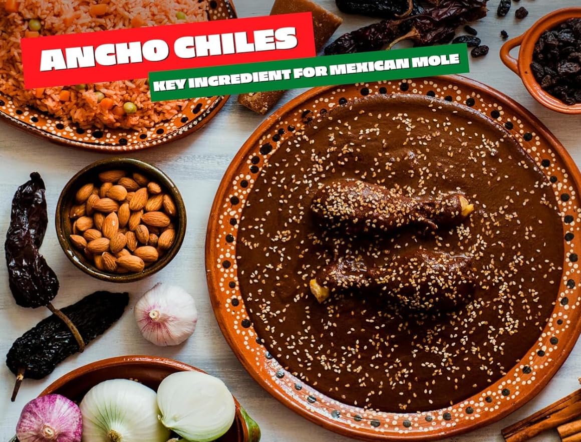Dried Ancho Chiles Whole Mild Mexican Chili Peppers Dried Poblano Chile Pods for Birria Tacos, Chile Rellenos, Mole, Enchilada Sauce IMPORTED FROM MEXICO