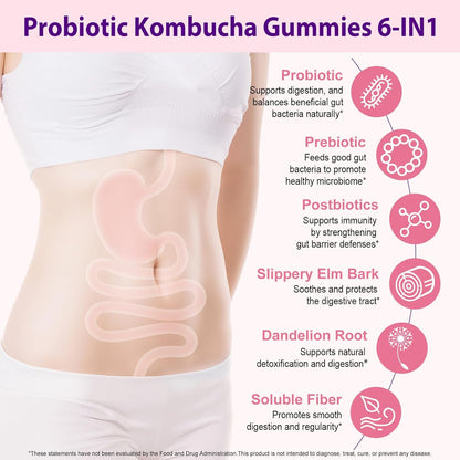 Probiotic Kombucha Gummies, Probiotic Gummies with Prebiotics, Probiotics, Postbiotics, Fiber Supplement, Supports Immune & Gut Health for Women & Men