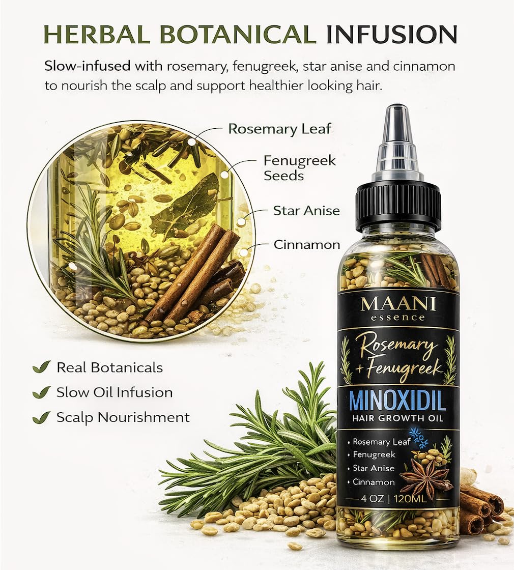 Minoxidil Hair Growth Oil – Rosemary & Fenugreek Botanical Scalp Treatment – Supports Hair Regrowth, Density & Thicker Hair Real Rosemary Leaves, Fenugreek Seeds, Cinnamon & Star Anise – 120ML