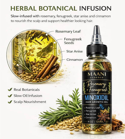Minoxidil Hair Growth Oil – Rosemary & Fenugreek Botanical Scalp Treatment – Supports Hair Regrowth, Density & Thicker Hair Real Rosemary Leaves, Fenugreek Seeds, Cinnamon & Star Anise – 120ML