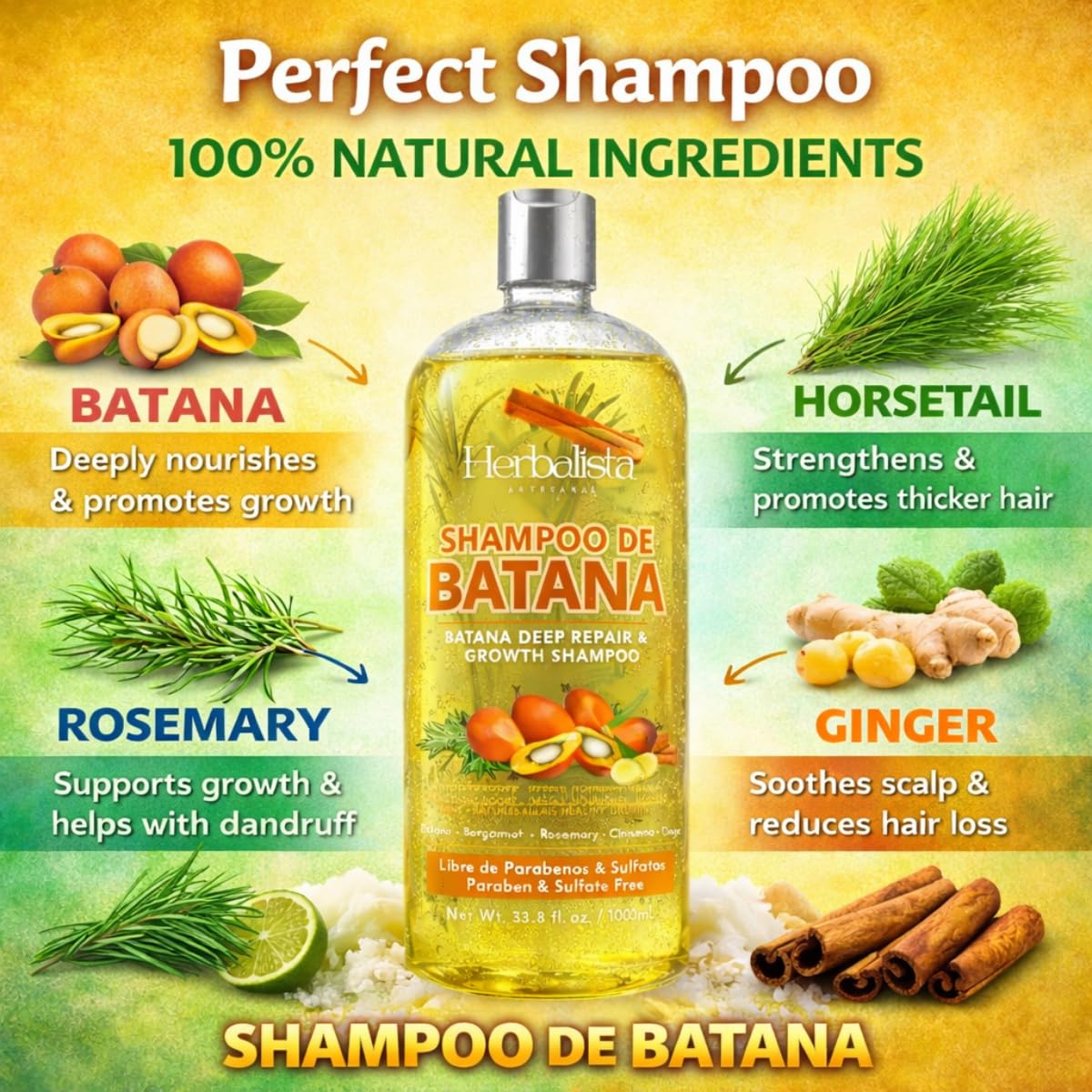 Batana Shampoo 33.8 fl oz (1 Liter) – Botanical Deep Repair Formula with Real Batana, Rosemary & Cinnamon – Sulfate & Paraben Free – Strengthening & Shine Shampoo All Hair Types.