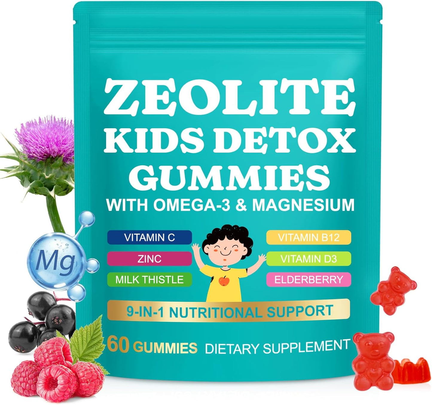 Zeolite Kids Gummies, Zeolite Detox for Kids with Zeolite, Omega-3, Elderberry, Vitamin C, Vitamin D3, Zinc, B12, for Energy, Focus, Digestive, Immune, Sugar Free (Mixed Berry Flavor-60 Gummies)