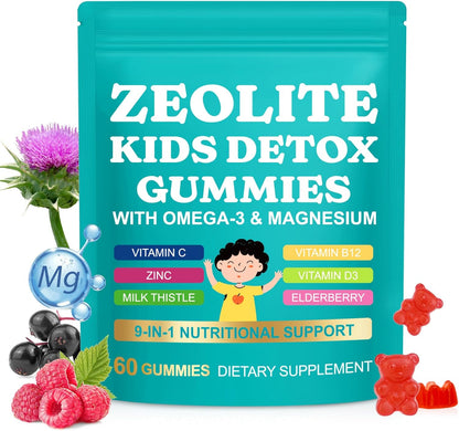 Zeolite Kids Gummies, Zeolite Detox for Kids with Zeolite, Omega-3, Elderberry, Vitamin C, Vitamin D3, Zinc, B12, for Energy, Focus, Digestive, Immune, Sugar Free (Mixed Berry Flavor-60 Gummies)